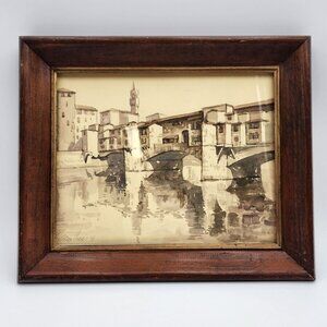 Vintage Signed Watercolor Painting Of Ponte Vecchio Florence In Wooden Frame